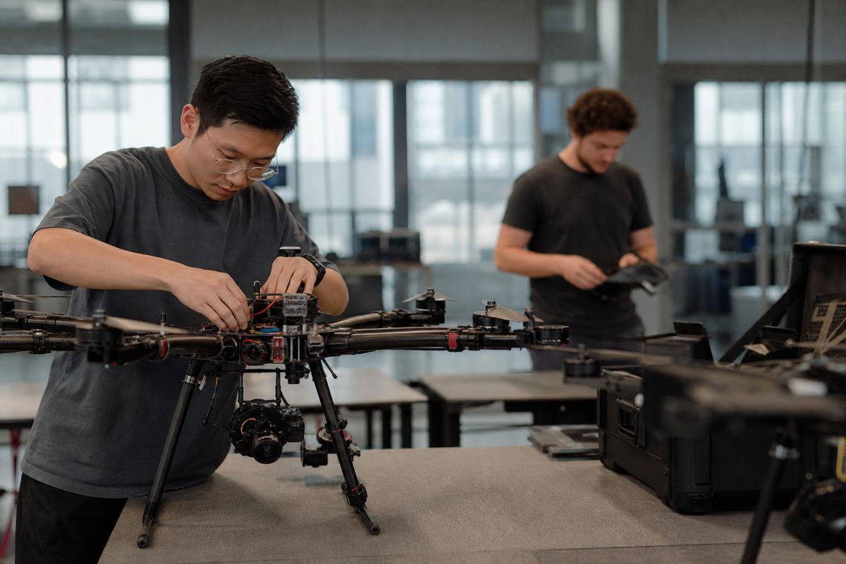Engineers testing autonomous drones in a modern lab