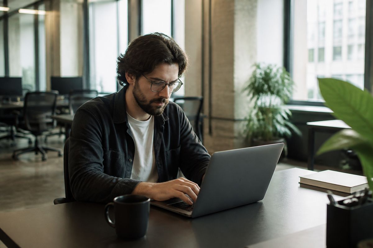A developer working on a laptop in a modern office.