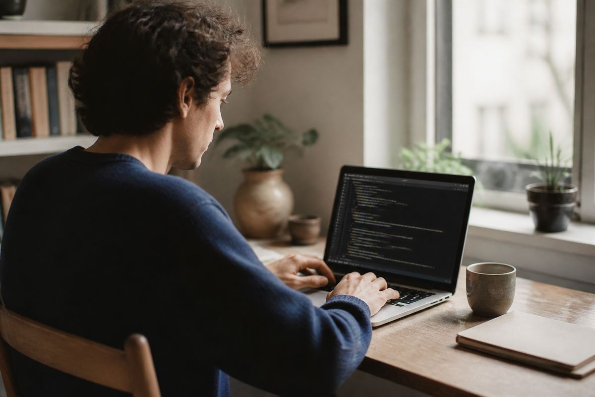 A writer typing on a laptop with AI code on screen