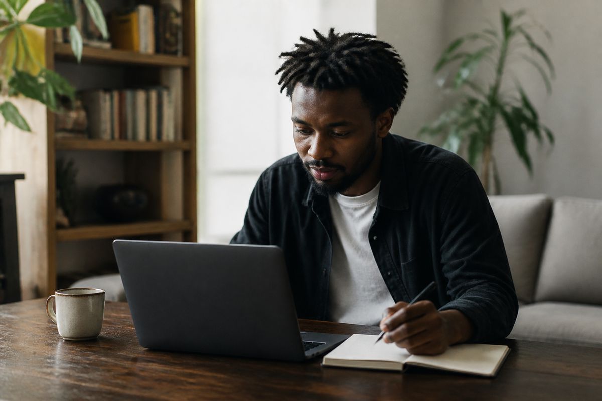 A content creator working alongside an AI-powered laptop.