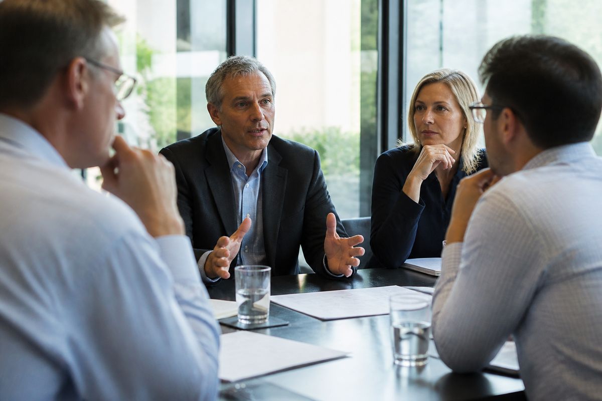 Executives discussing AI frameworks around a conference table