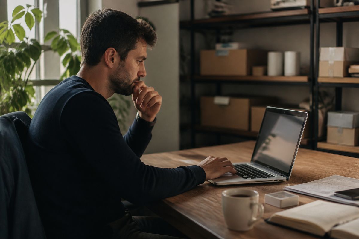 An entrepreneur comparing shipping costs on a laptop at a desk