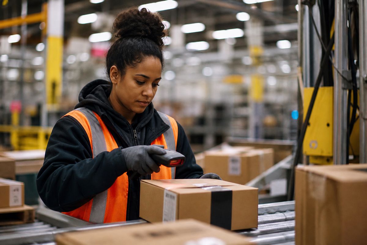 An Amazon warehouse worker scanning packages on a conveyor belt