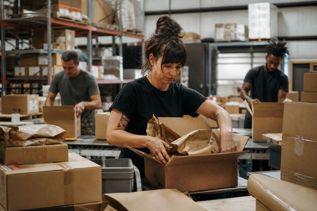 Warehouse workers packing orders for multiple shipping methods