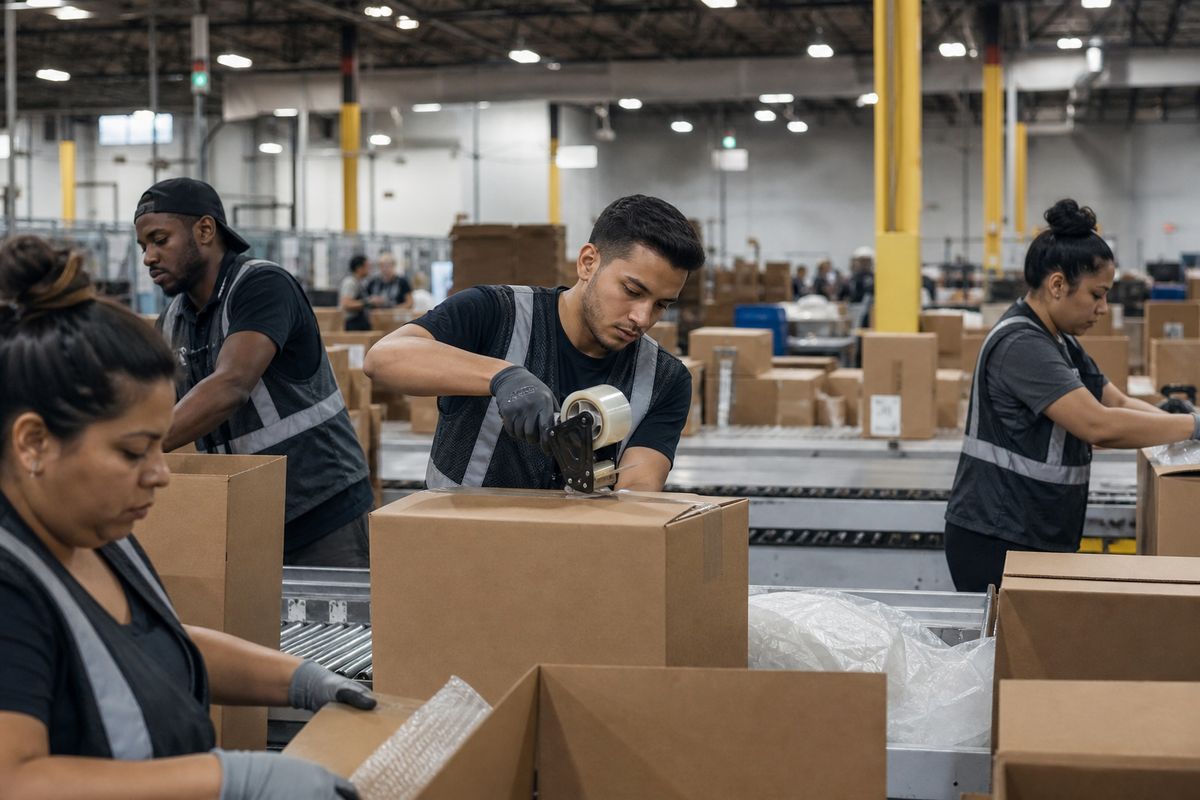 Warehouse workers packing boxes for Amazon shipments