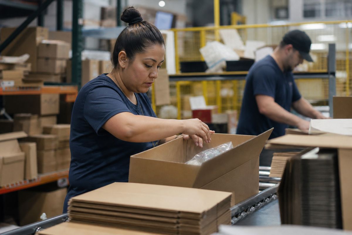Warehouse workers packing boxes for Amazon Prime orders