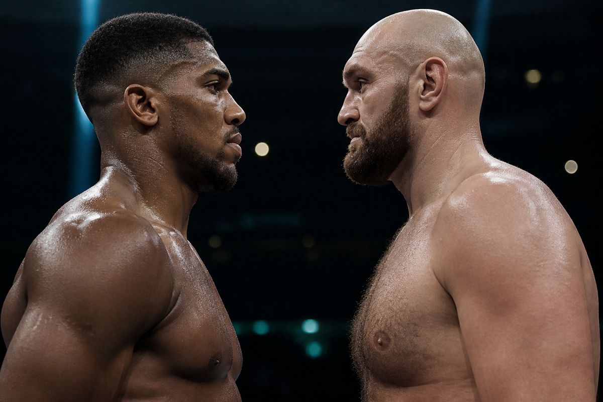 Anthony Joshua and Tyson Fury face off in the ring.