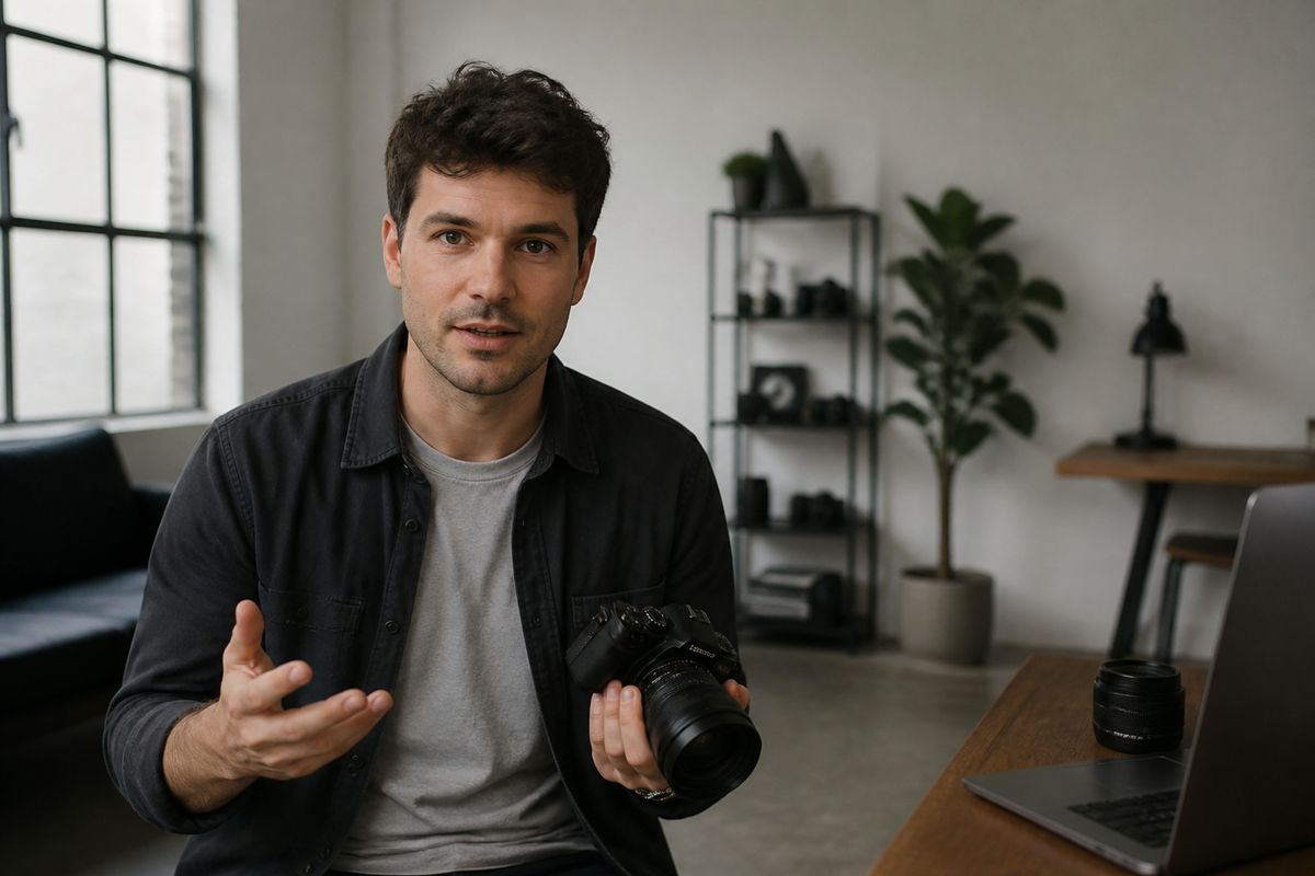 A YouTube creator filming in a minimalist, well-lit studio.