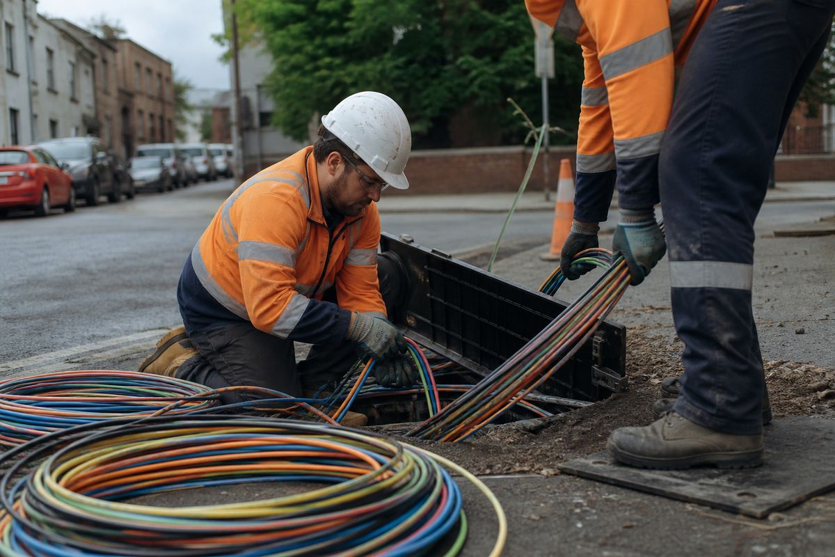 Technicians installing fiber optic cables on a city street