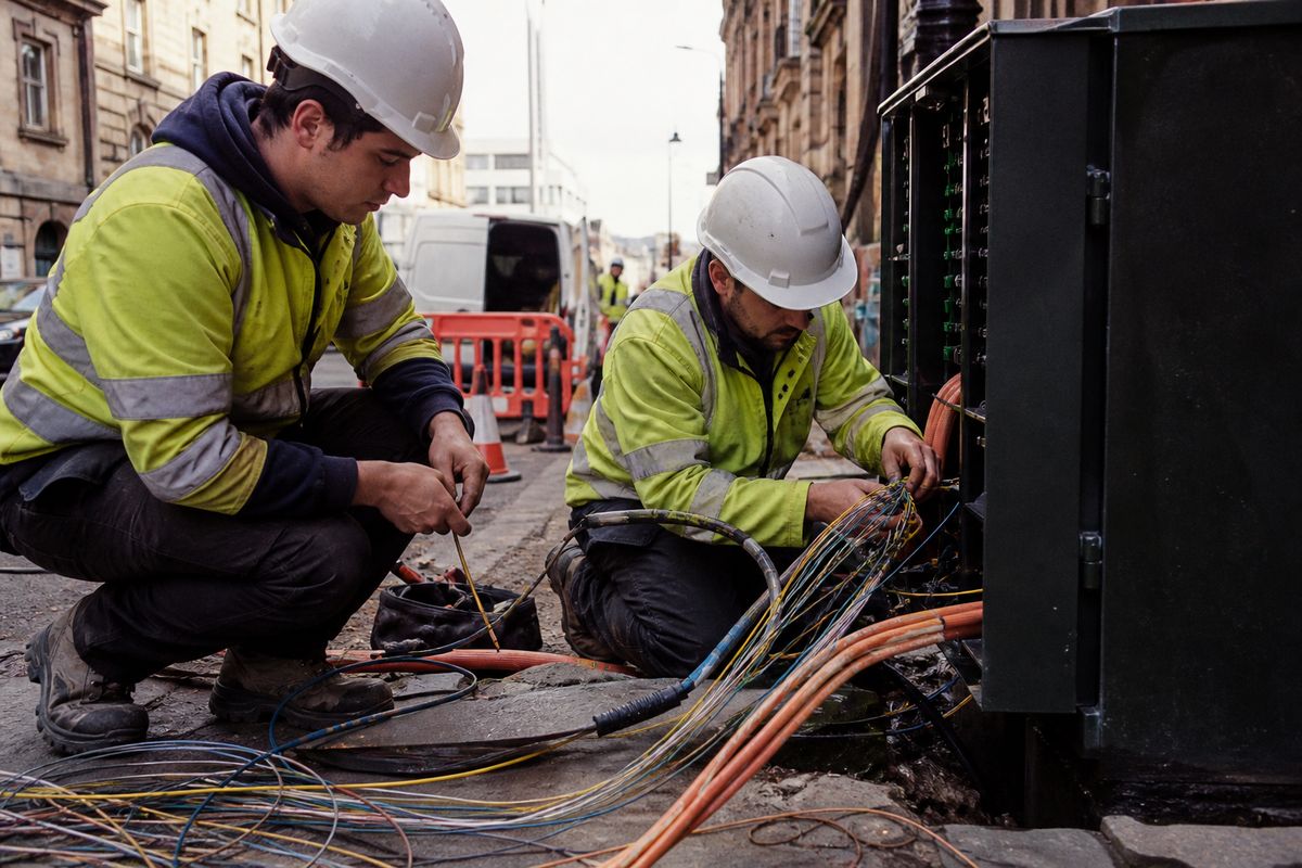 Technicians installing fiber optic cables on a city street