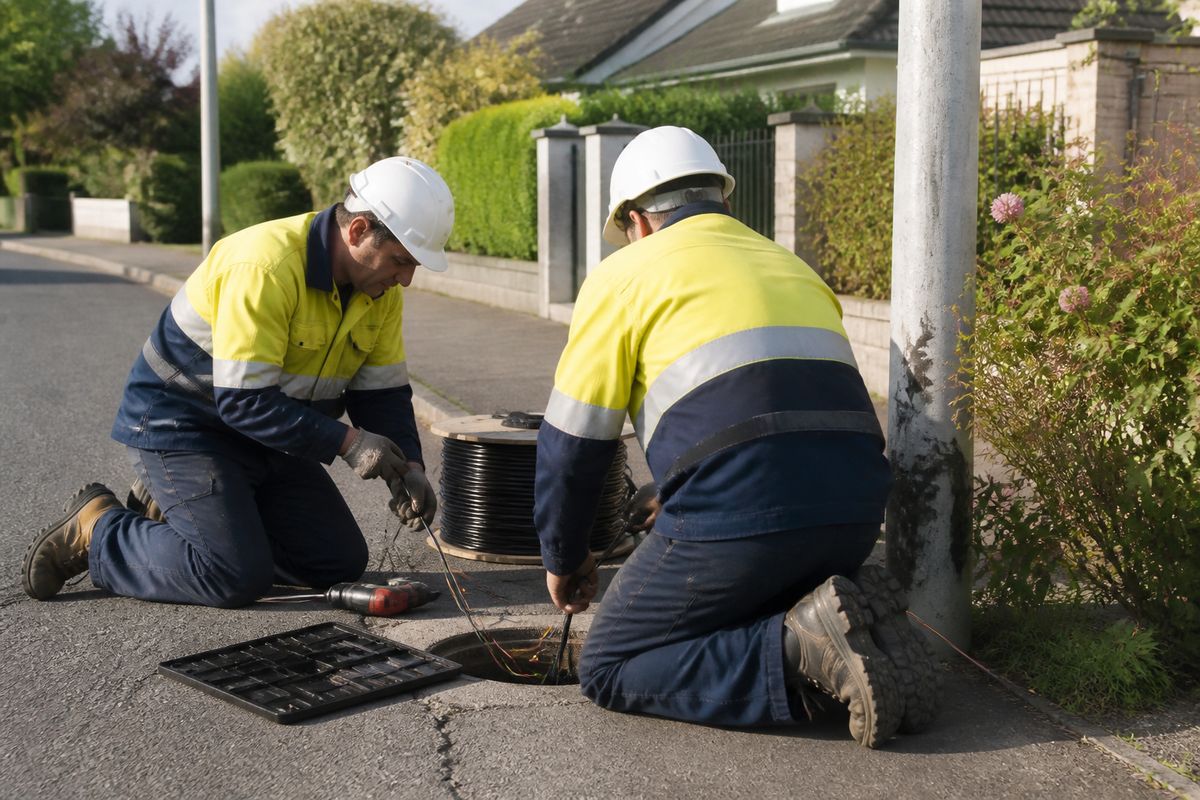 Technicians installing fibre optic cables on a suburban street