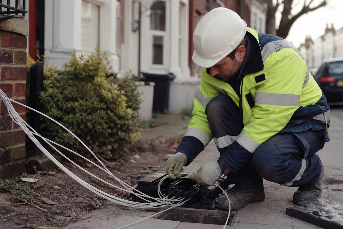 Technician installing fibre-optic cables on a residential street
