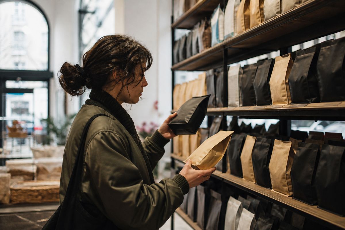 A customer comparing coffee bags on store shelves