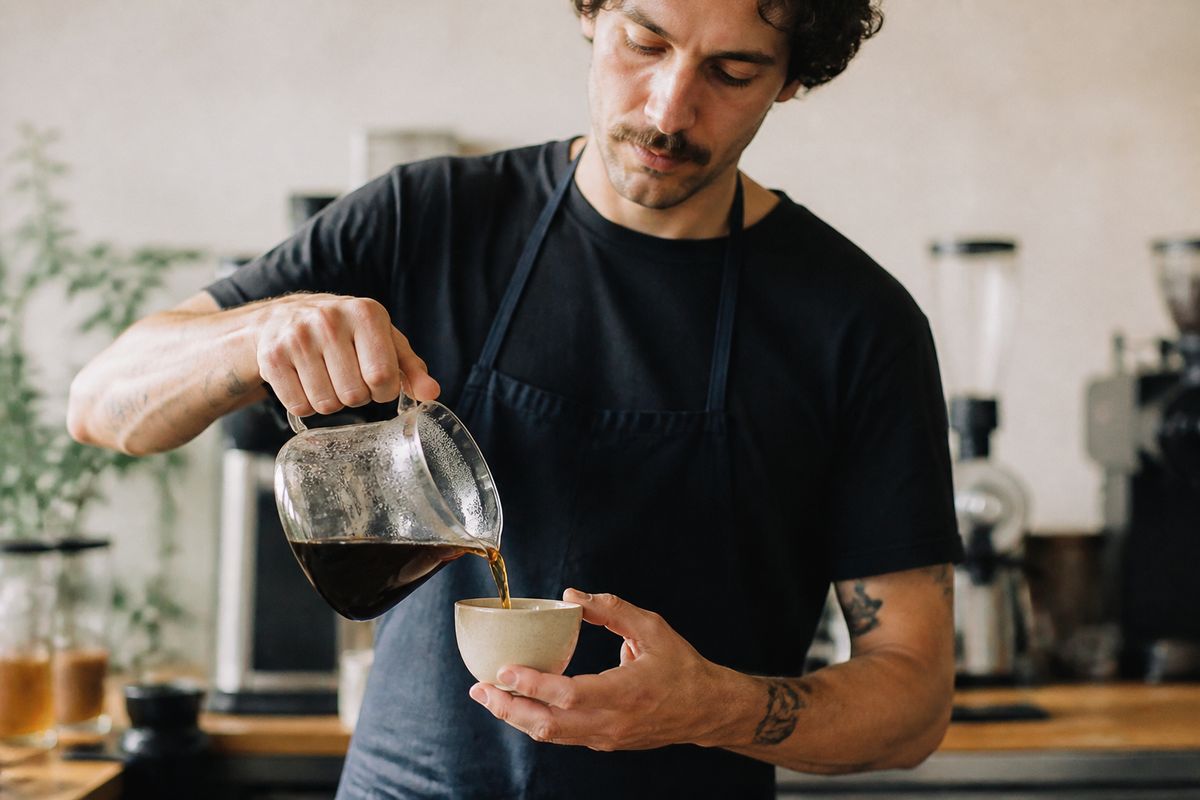 A barista pouring fresh coffee into a ceramic cup