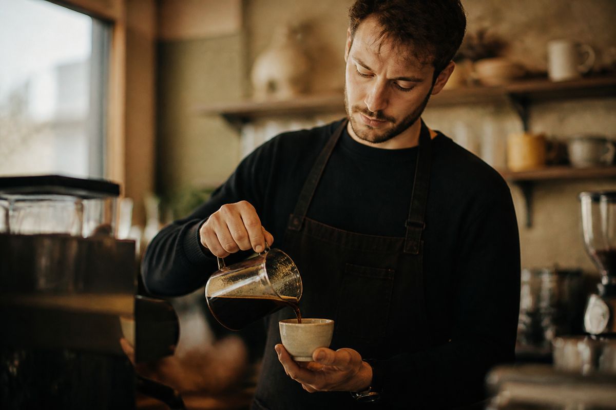 A barista pouring fresh coffee at a local café