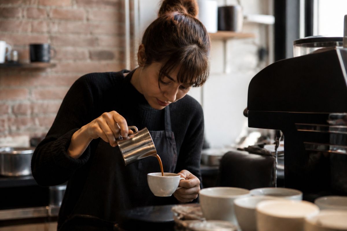 A barista pouring fresh espresso into a cup in a cozy café