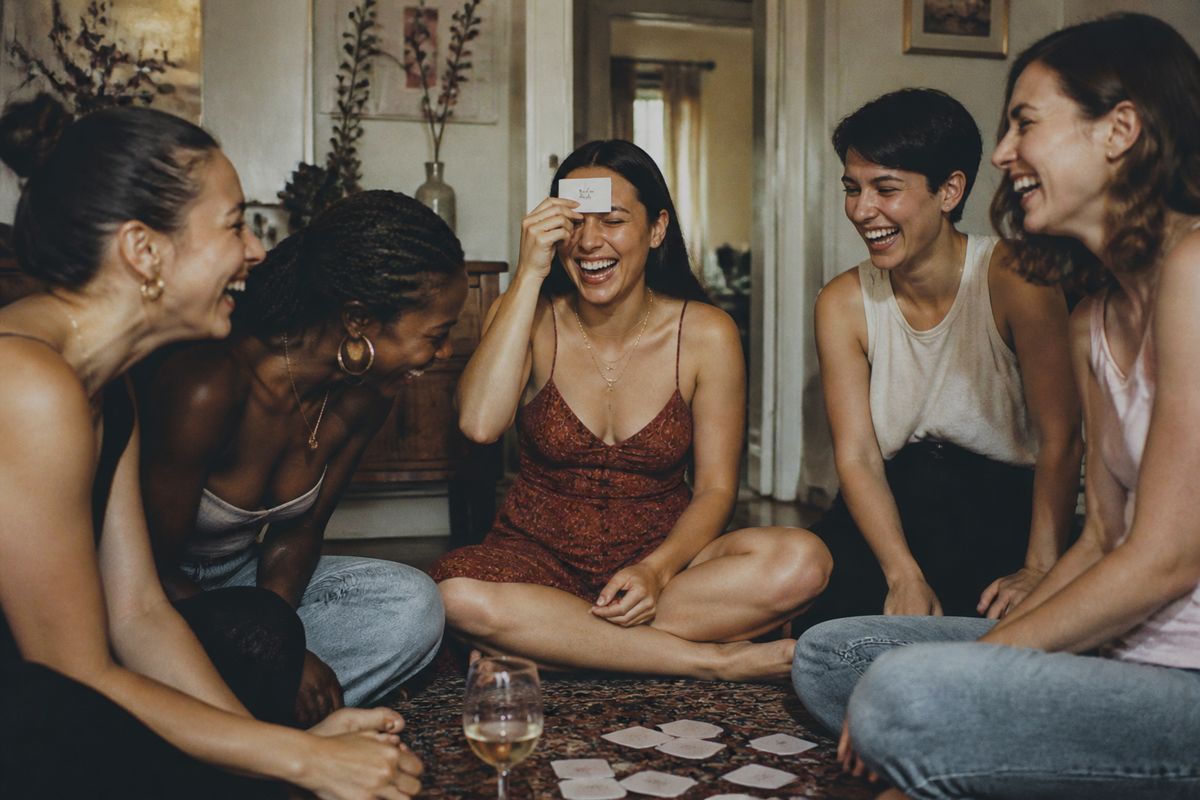 A group of women laughing while playing party games indoors
