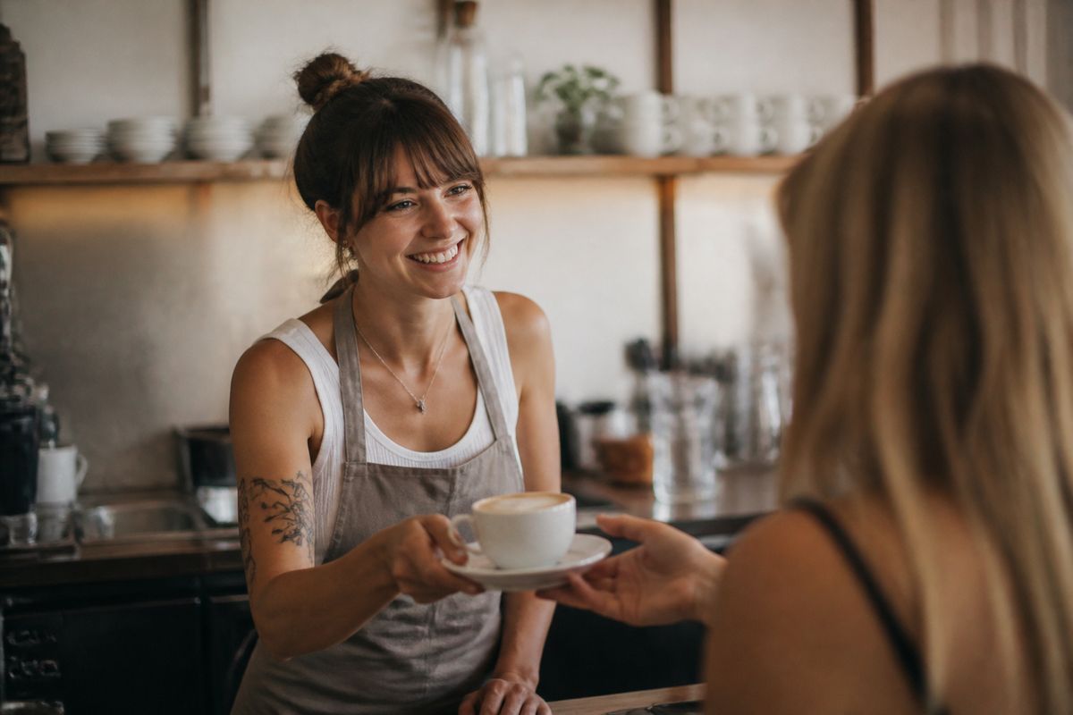 A barista smiling while serving coffee to a customer