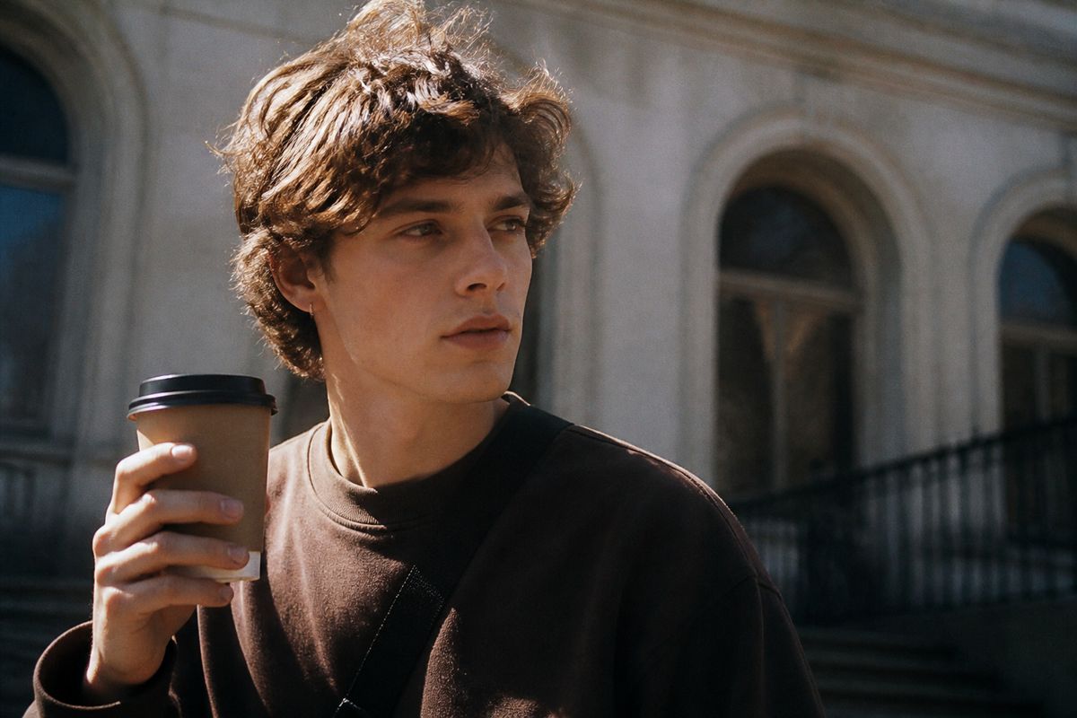 A young person holding a branded coffee cup outdoors