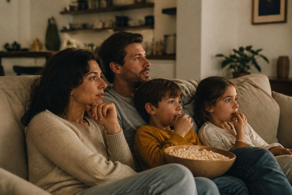 A family watching a movie in a cozy living room.