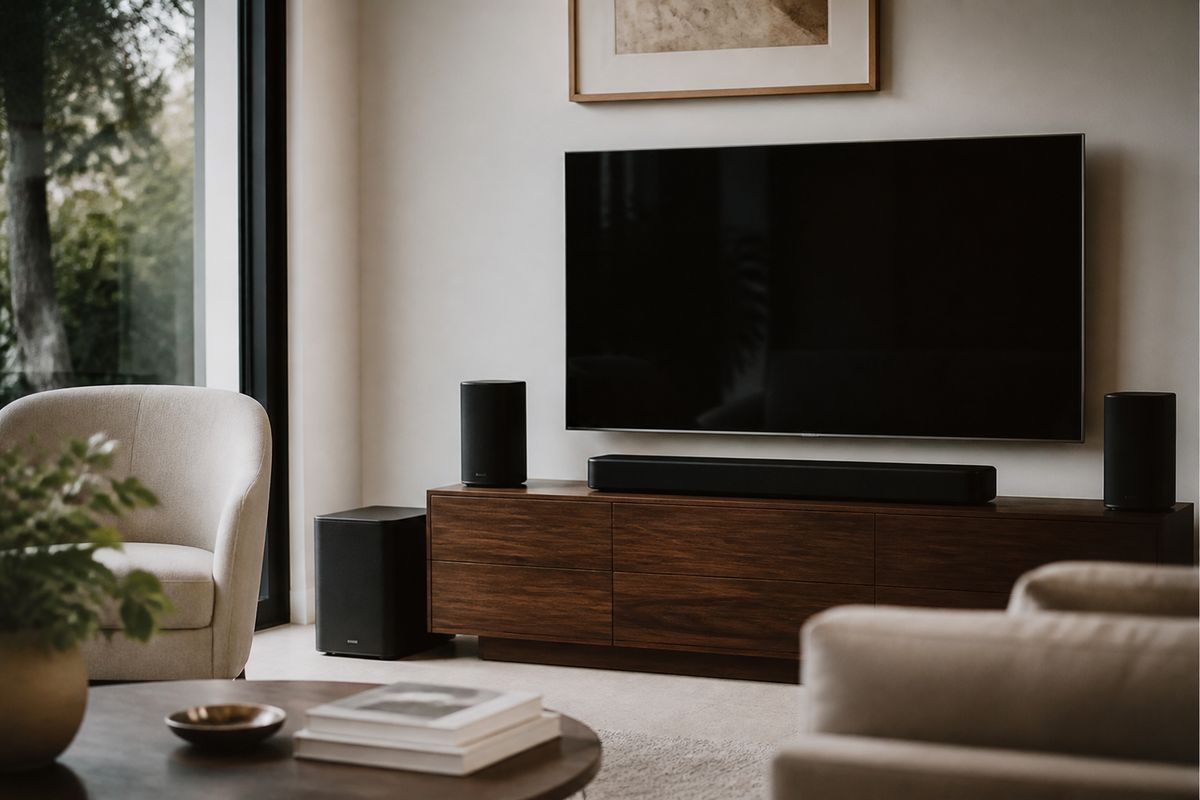A sleek Bose speaker system set up in a modern living room