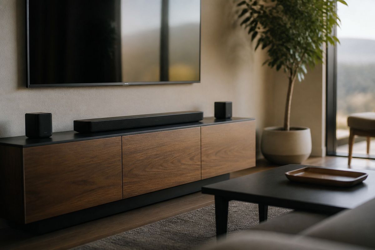 A sleek Bose Lifestyle Ultra soundbar with matching speakers in a modern living room.