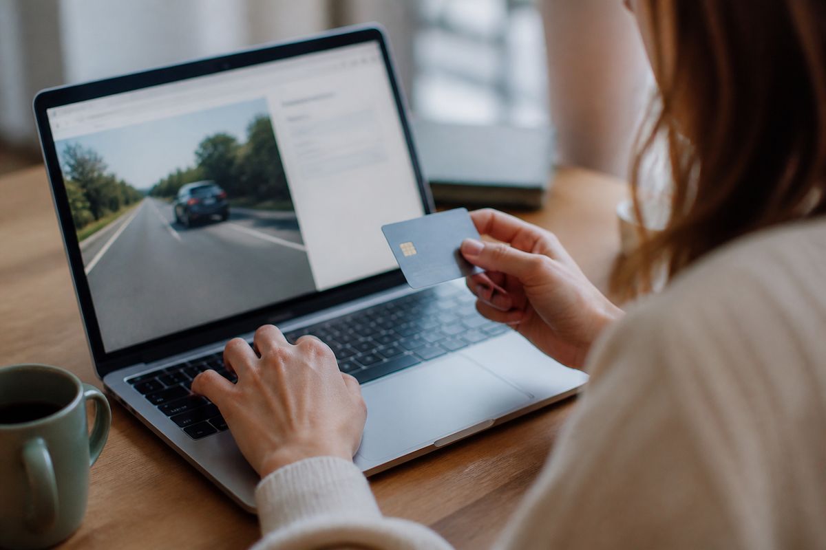 A person using a laptop to pay a driving fee online
