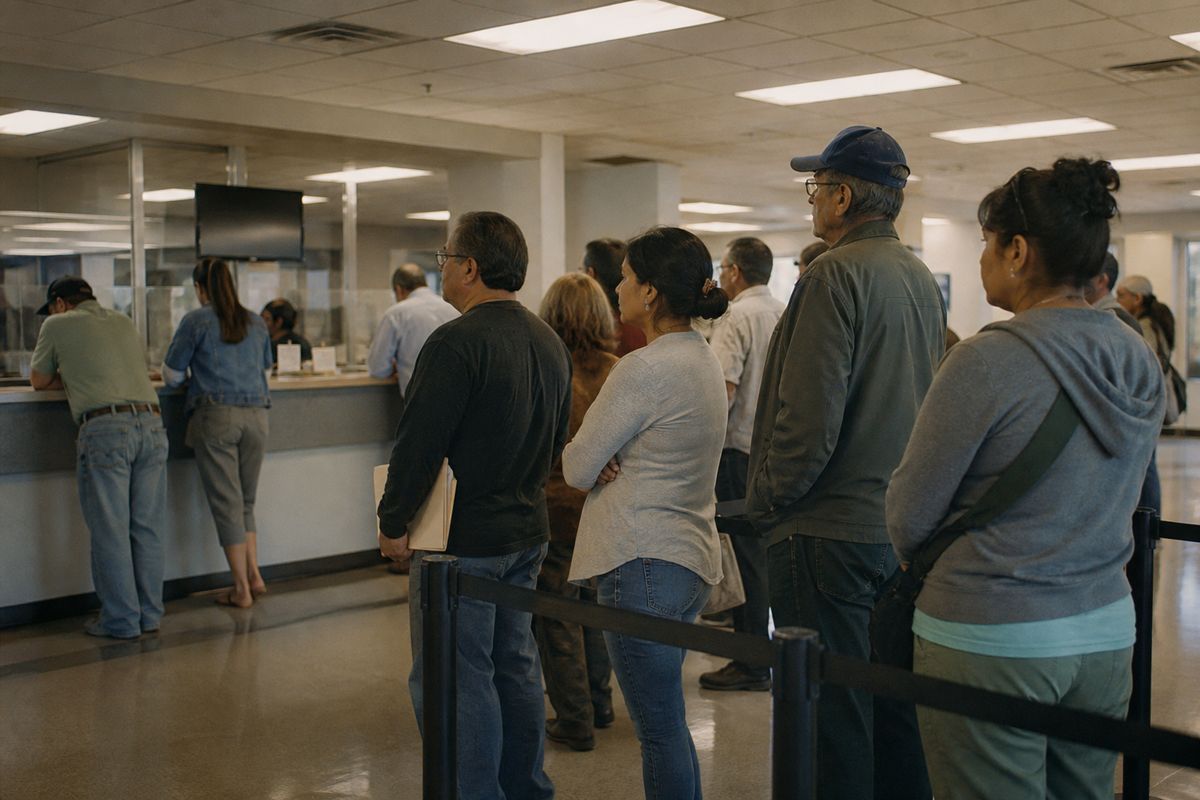 A DMV office with people waiting in line