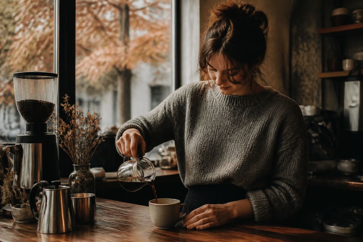 A barista pouring coffee in a cozy autumn café setting