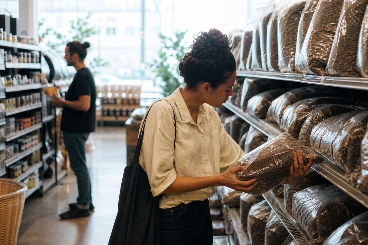 Shoppers selecting large bags of coffee beans in a supermarket aisle