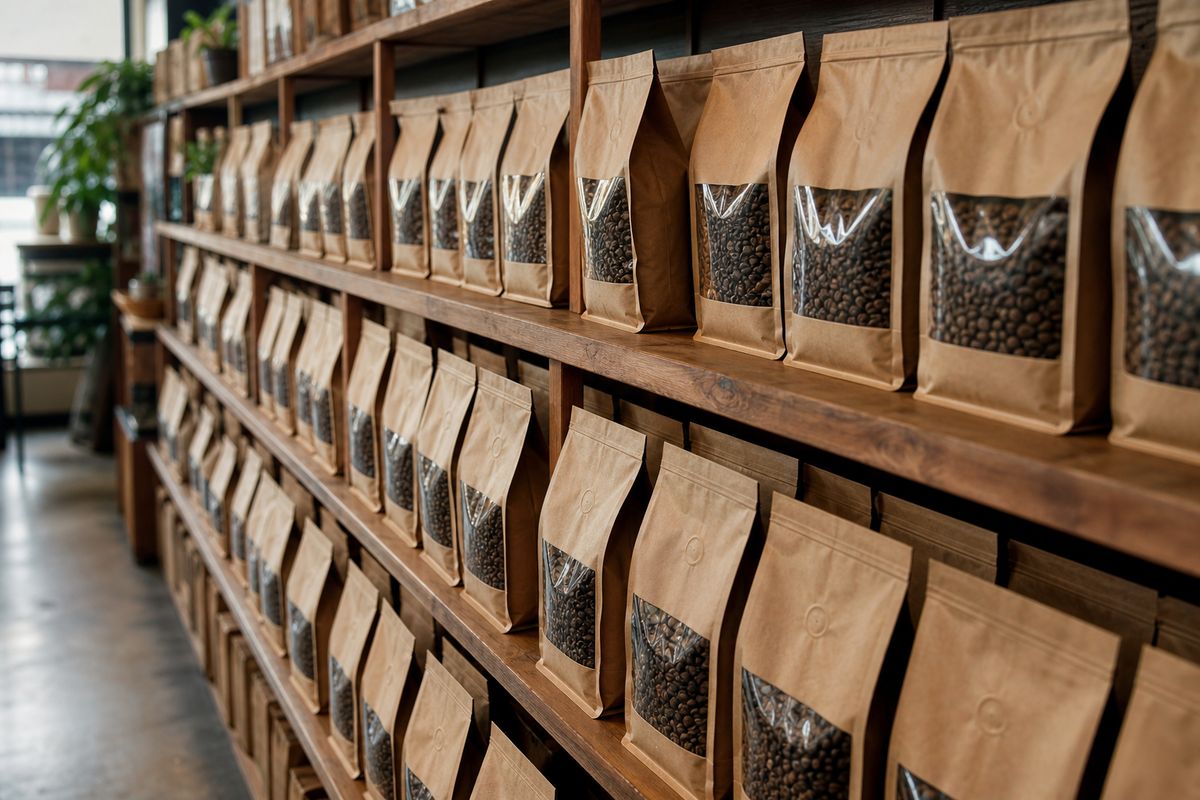 Shelves of organic specialty coffee beans in a store aisle