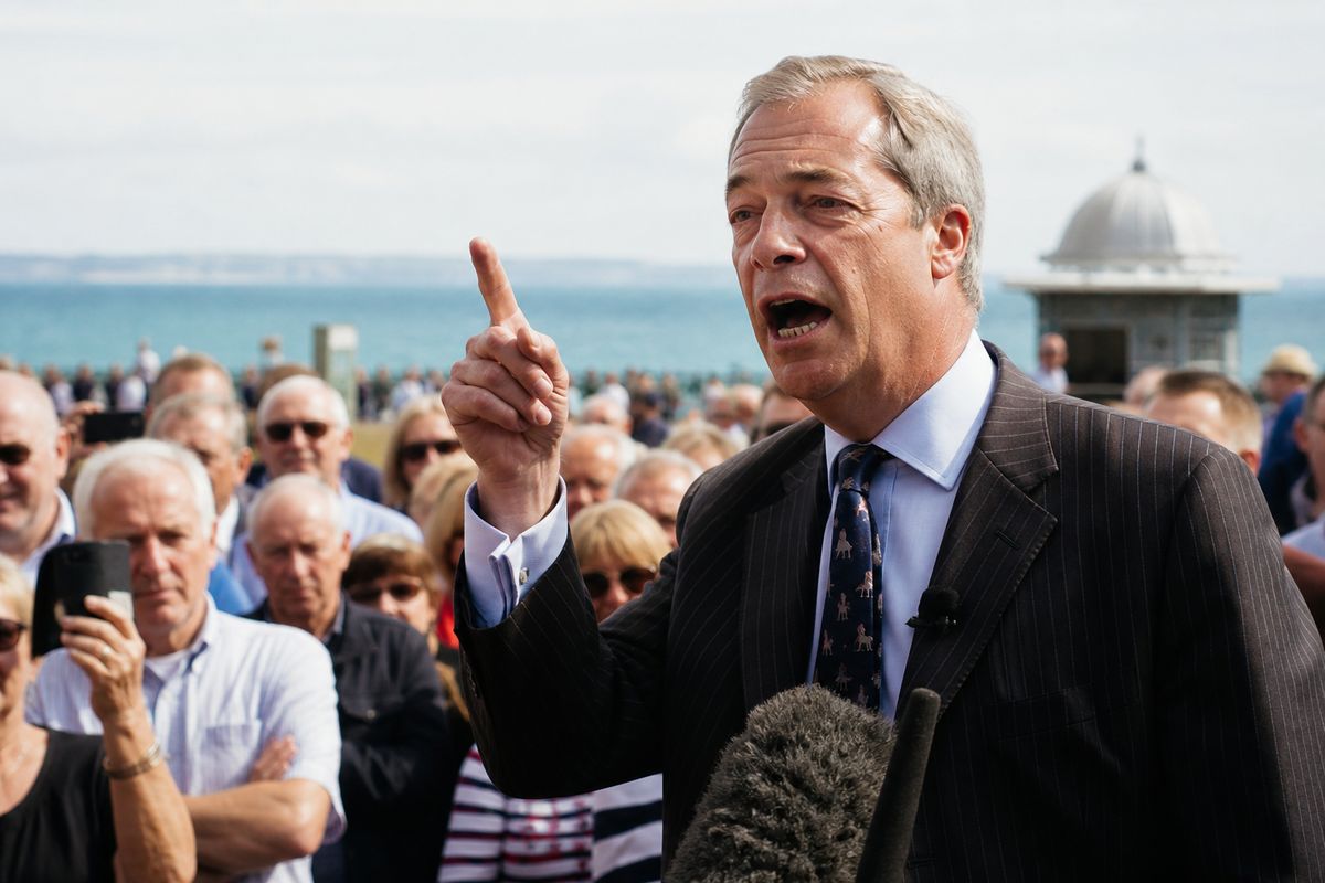 Nigel Farage speaking passionately at a seaside election rally
