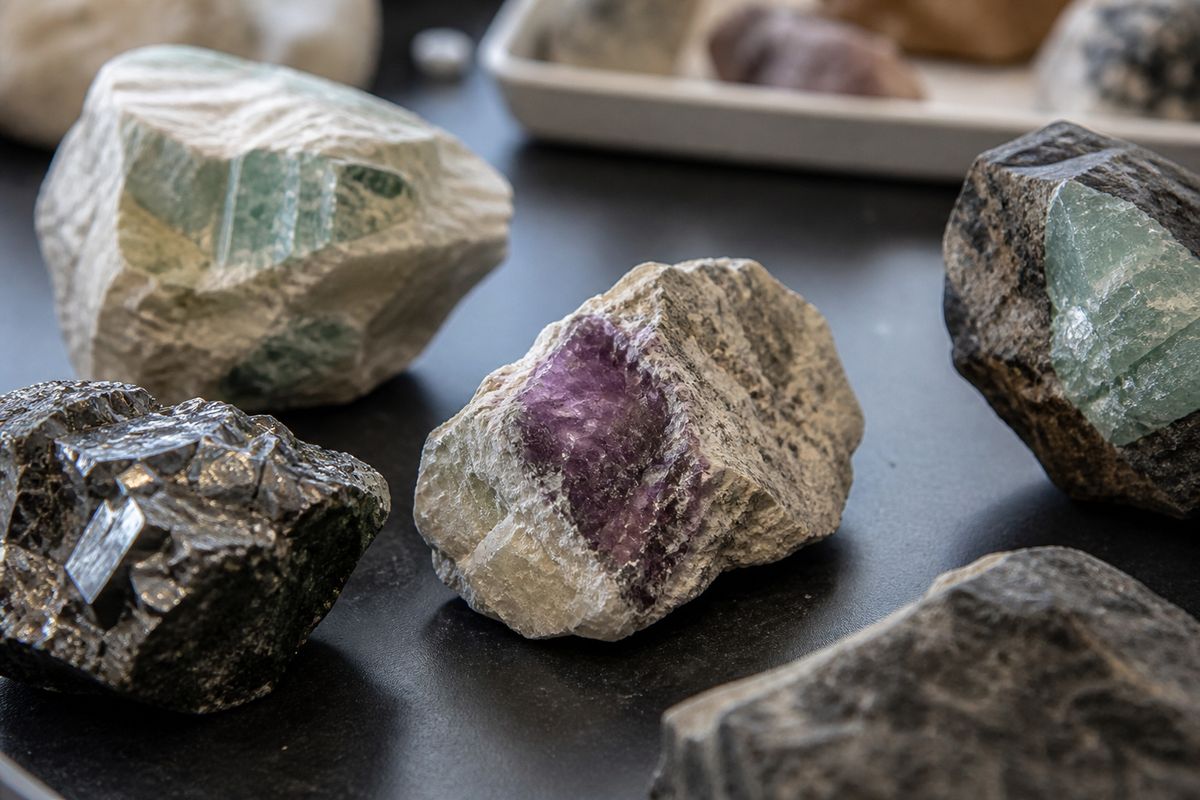 Close-up of rare earth mineral samples on a lab table