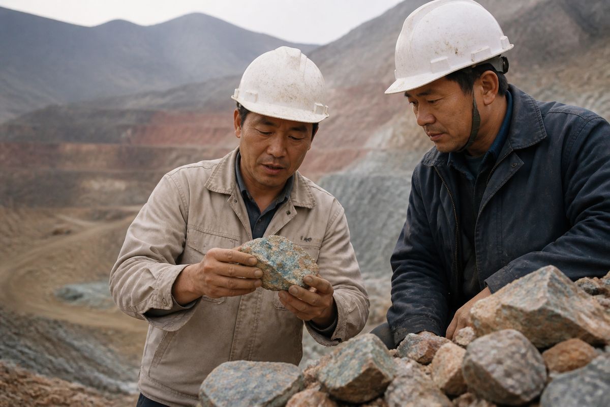 Workers inspecting rare earth minerals at a mining site