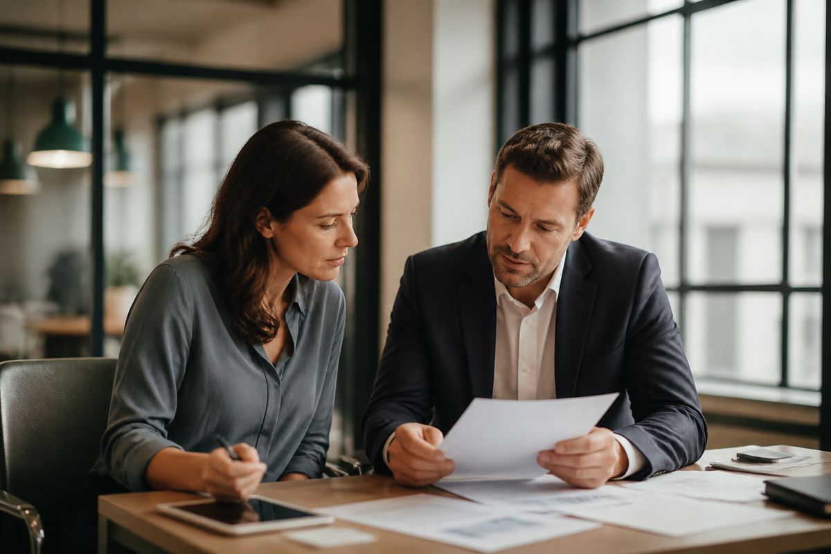 Two professionals discussing documents in a modern office.