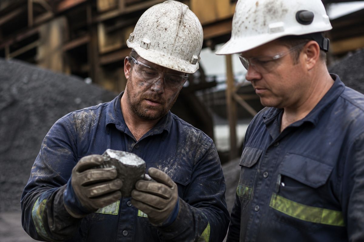 Miners inspecting rare earth magnets at an industrial site