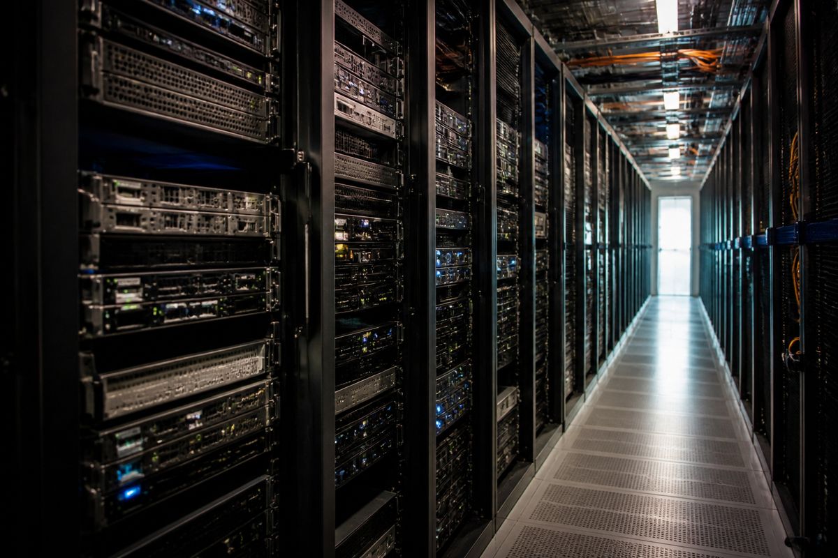 Rows of computer servers processing blockchain transactions