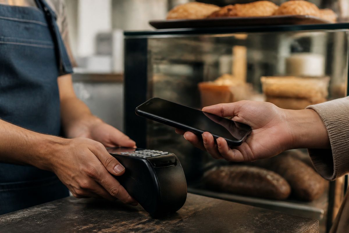 A person using a smartphone to make a digital payment.
