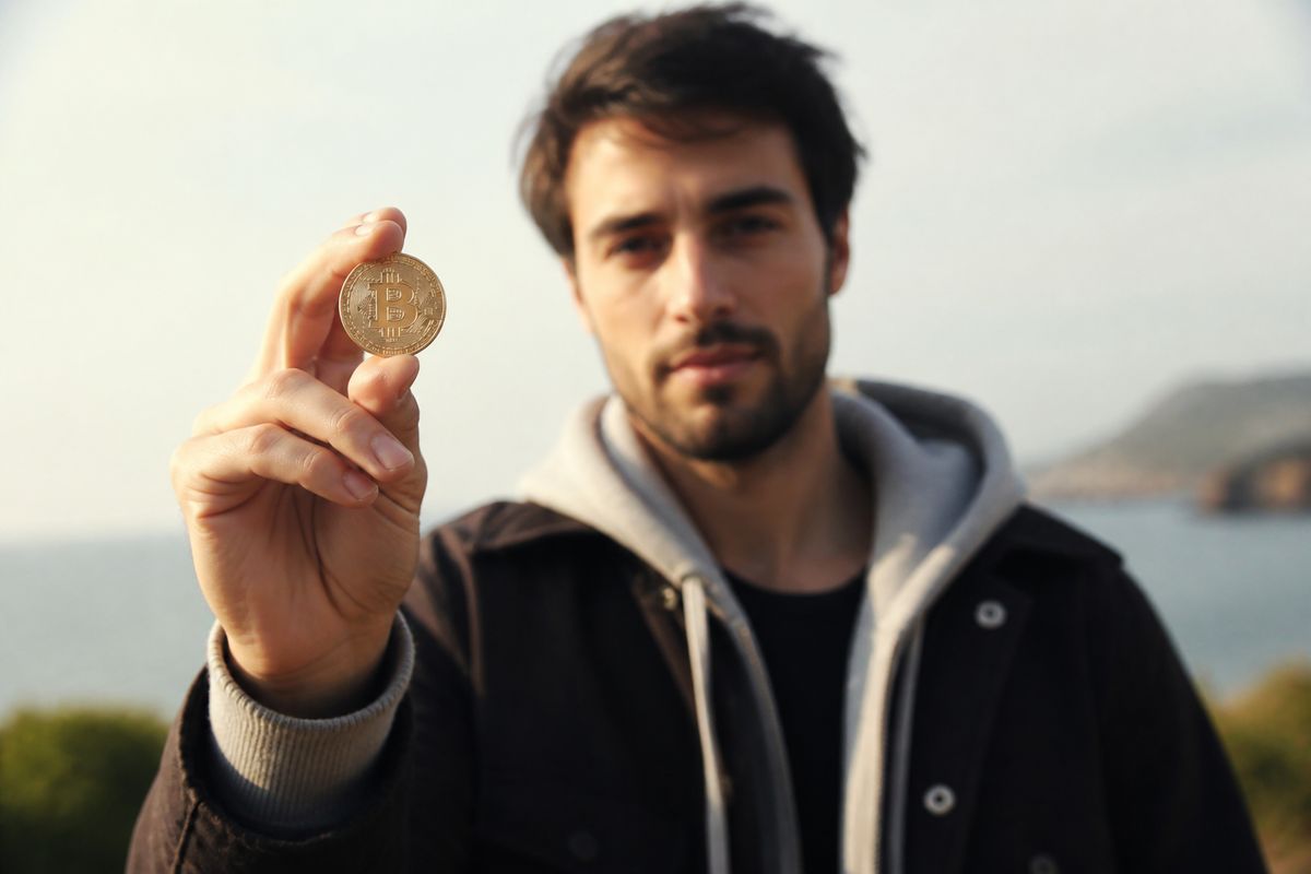 A person holding a physical Bitcoin coin outdoors