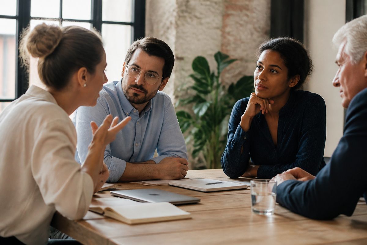 Team members discussing strategy around a conference table