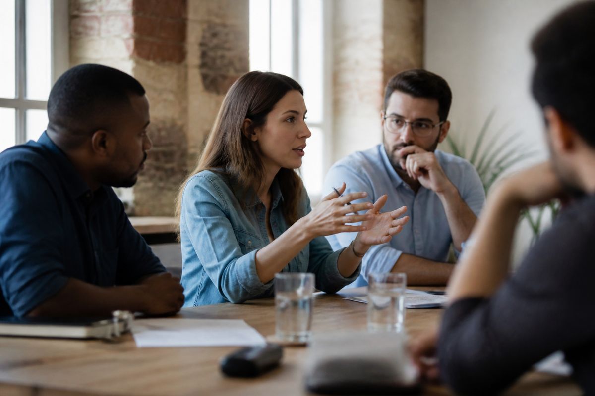 Team members discussing strategy around a conference table