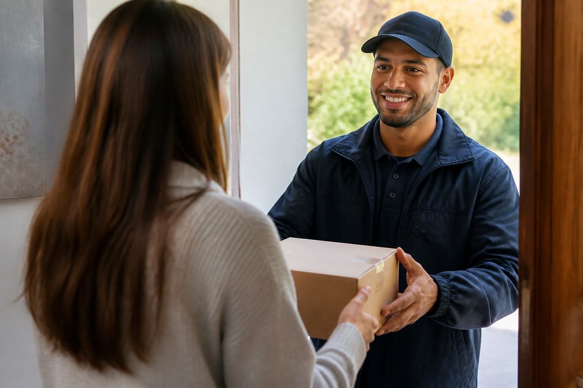 A courier handing a package to a customer at a doorstep