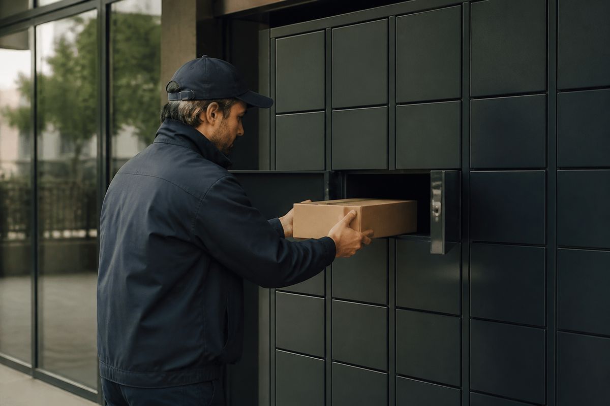 A delivery driver placing a parcel in a residential locker.