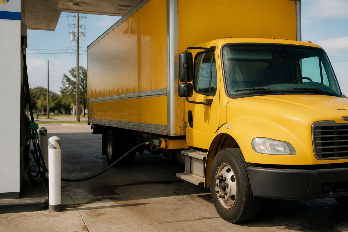A DHL delivery truck refueling at a gas station