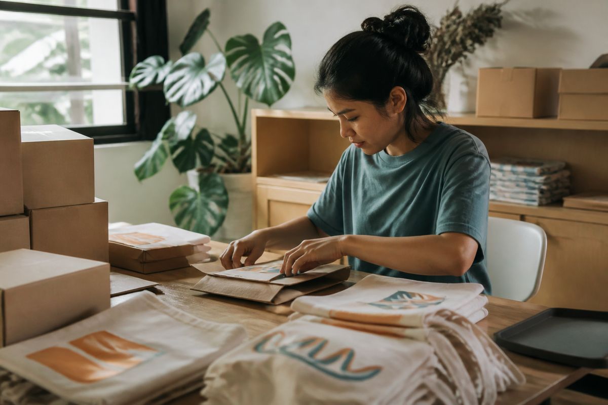 A creator packaging digital products with printed merchandise nearby