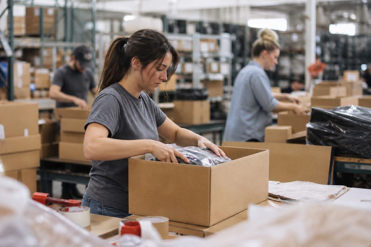 Workers packing boxes in a warehouse fulfillment center