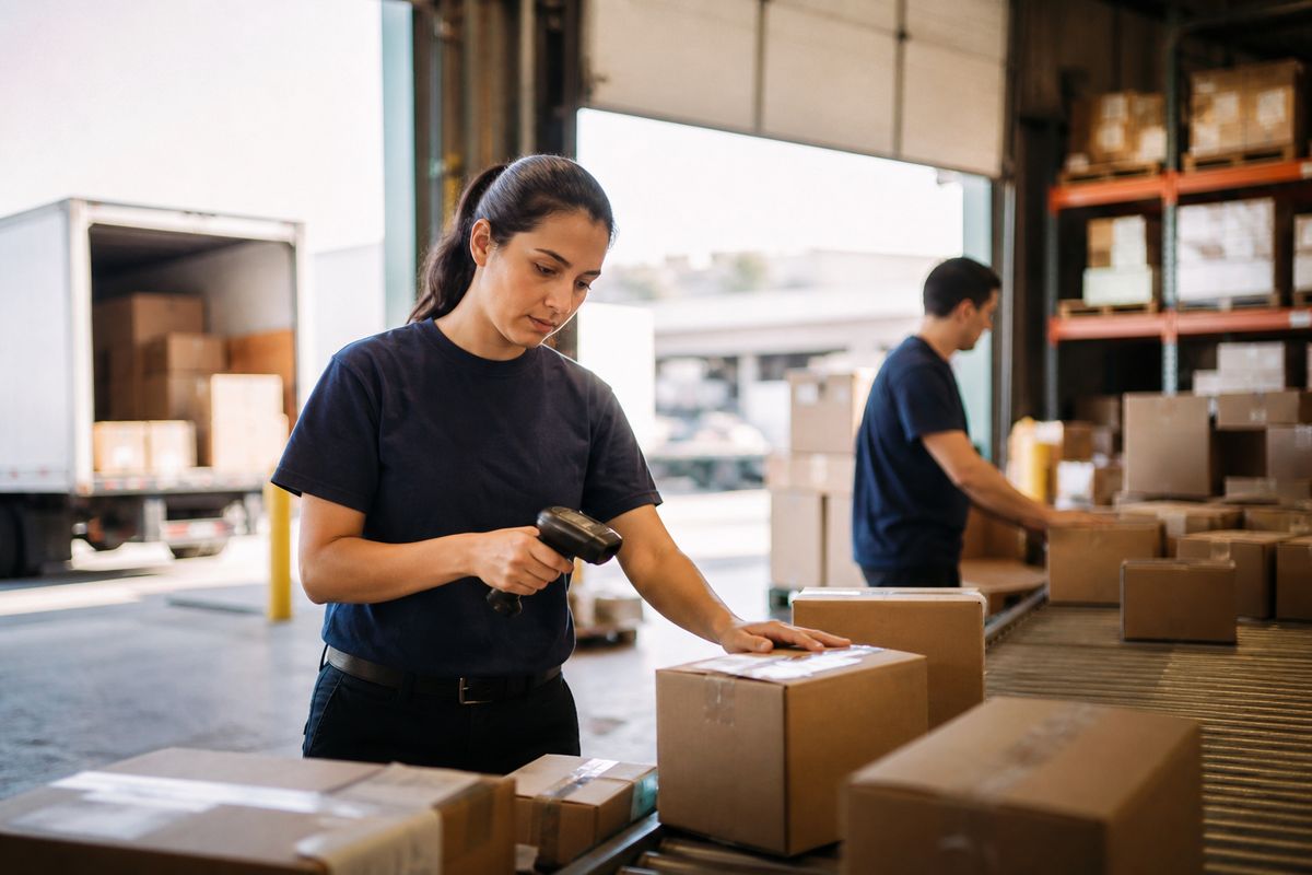 Warehouse workers scanning packages for same-day shipping