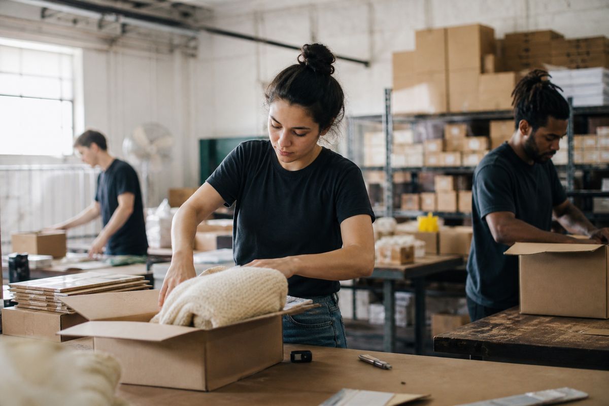Warehouse workers packing orders for online shipment