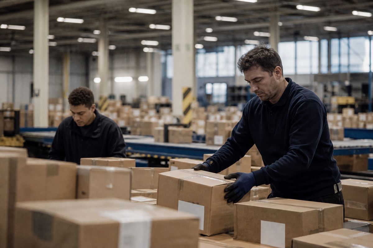 Workers arranging packages in a Netherlands distribution center