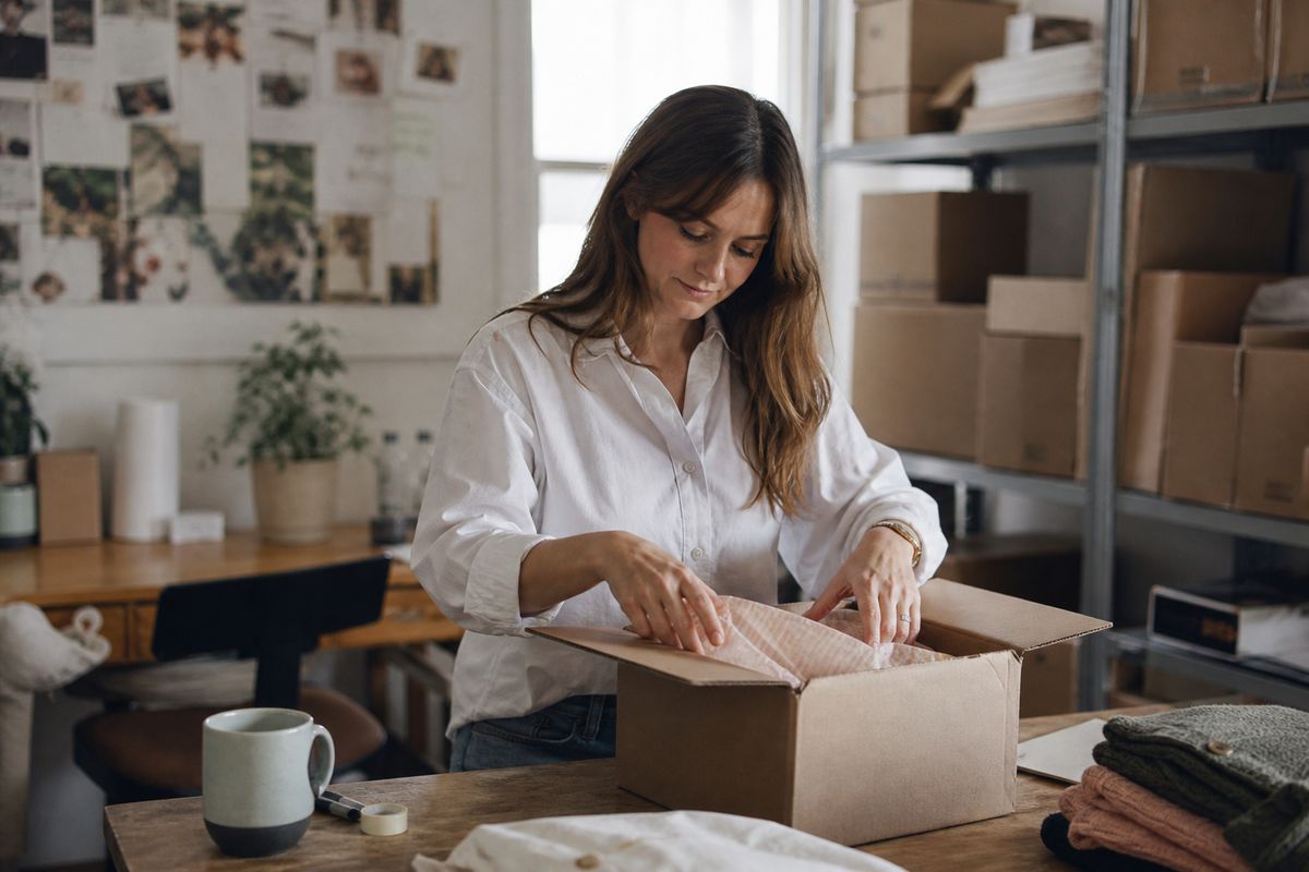 A small business owner packaging orders in a home office